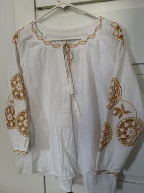 Koko Embroidered Linen Blend Tie Neck Bohemian Tunic Blouse White Gold XL